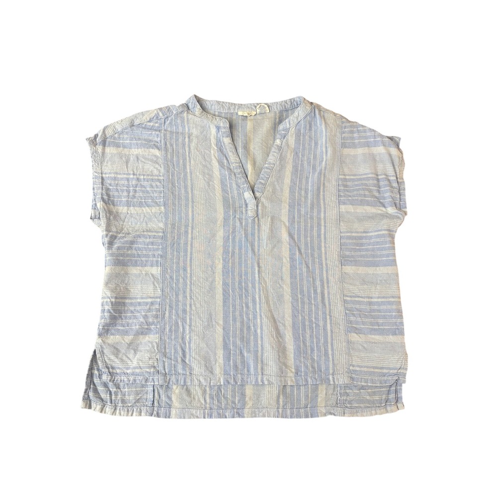 Sigrid Olsen Blue Striped Linen Blend V-Neck Blouse Short Sleeve Top Large